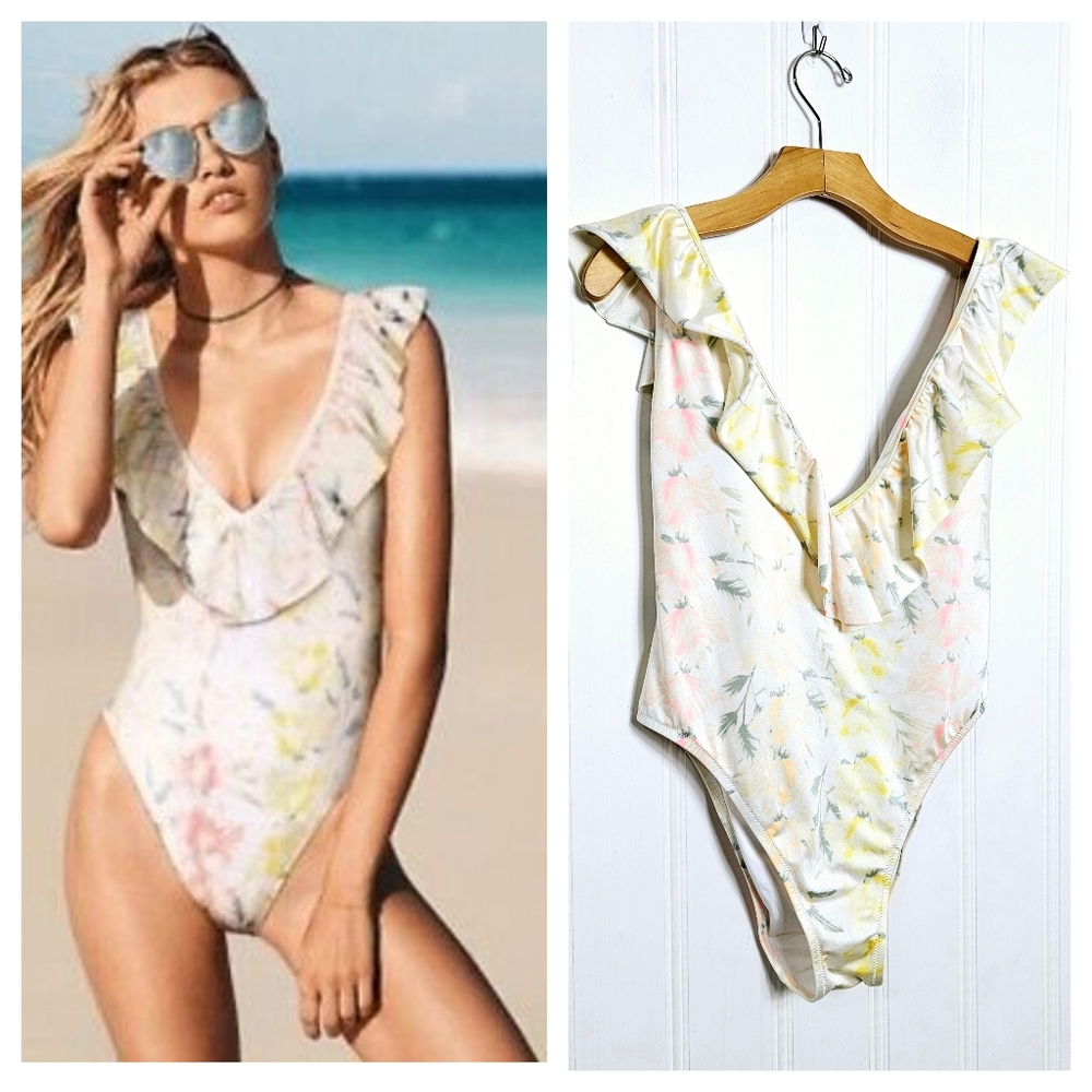 PINK VS Yellow Floral One Piece Swimsuit Low Back Deep V Ruffled Large